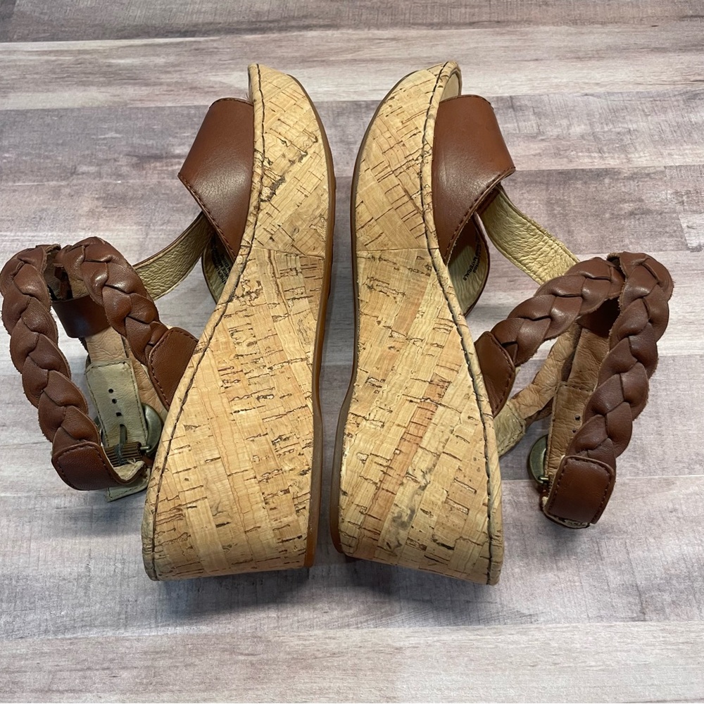 Born Laurene In Saddle Brown Braided Leather Cork Wedge Sandals Size 7 - Picture 8 of 12